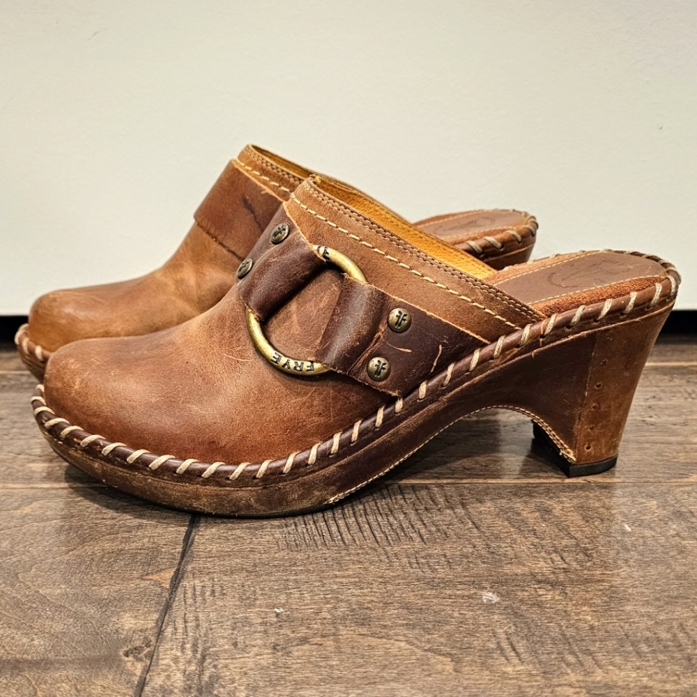 Frye Brown Leather Mules with Gold Buckle
